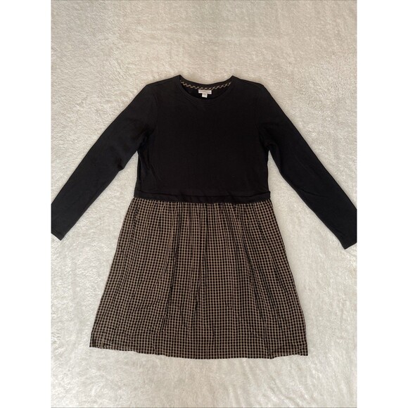 J. Jill Dress Plaid Size S Mixed Media Pocket Flowy Black Checkers Long Sleeve - Picture 1 of 10